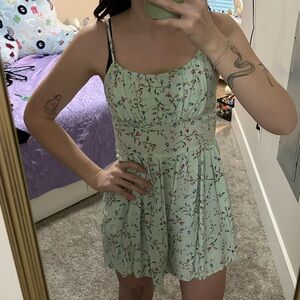 Floral Mint Green Romper with open back panel